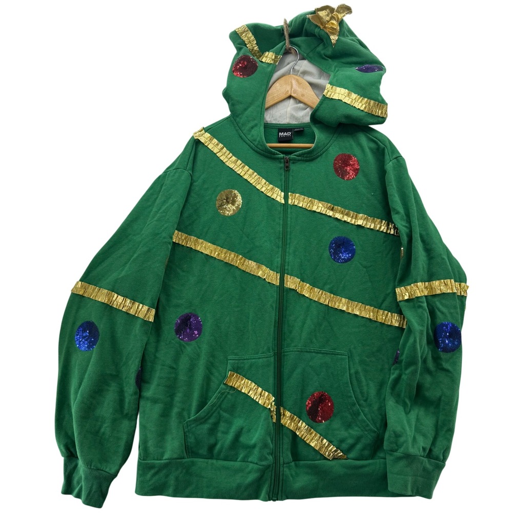 Mad Engine Men's XXL Christmas Tree Zip Up Hoodie‎ Festive Holiday Ugly Sweater